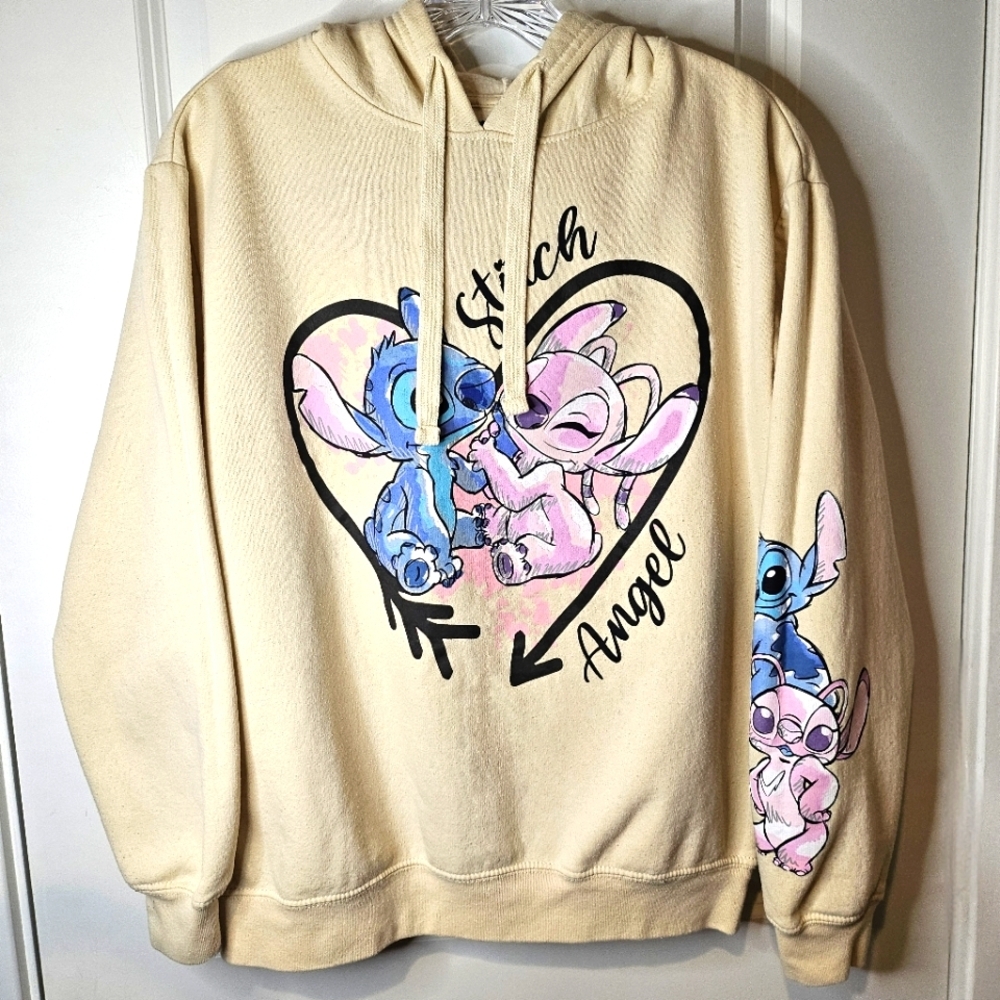 Disney Stitch & Angel Cream Hoodie Pullover Graphic Sweatshirt Size L Casual